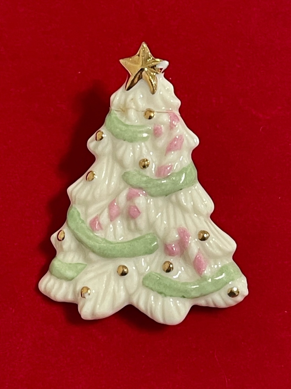 Vintage Lenox White Porcelain Christmas Tree Brooch Garland Candy Cane Gold Star